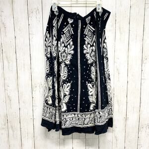 Y2K Skirt Women Waist 31" Medium Black White Printed Kaftan Style Midi Zip Back